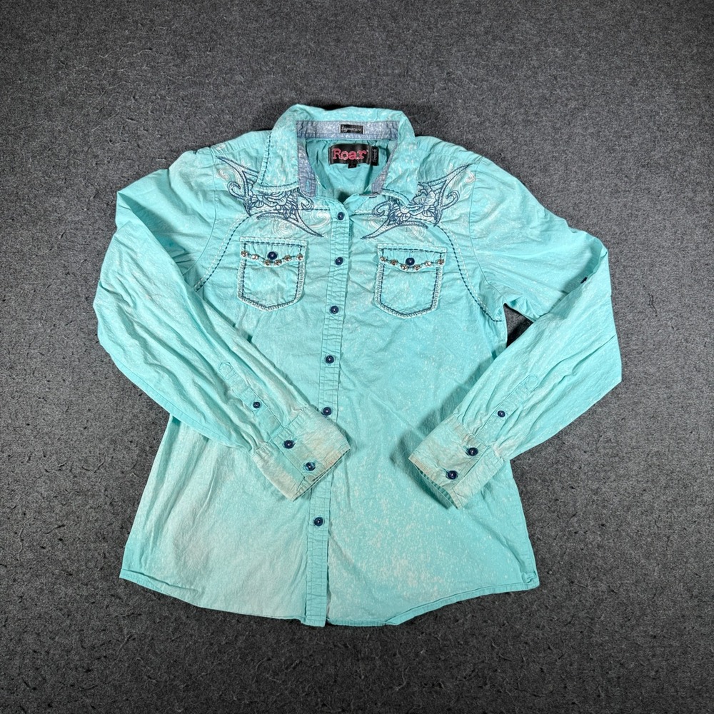Roar Signature Womens Turquoise Acid Wash Embroidered Western Shirt Large